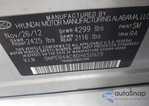 2013 Hyundai Sonata Gls z USA, uszkodzony, nr VIN 5NPEB4AC8DH650929